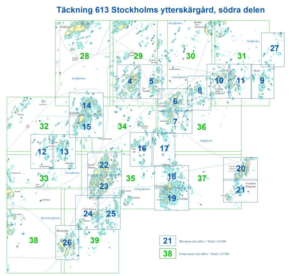 Båtsportkort 613 Stockholms ytterskärgård södra delen - Ängskär - Svenska Högarna - Björkskär - Översikt