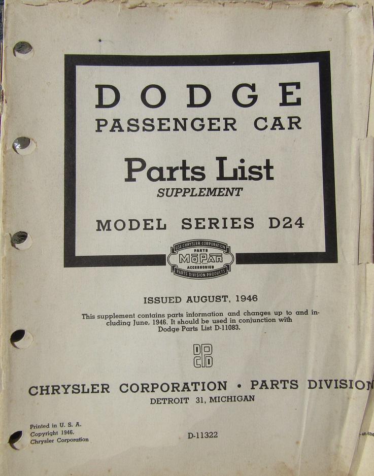 1946 Dodge D24 Passenger Car Parts List Supplement