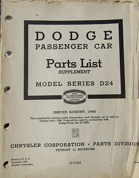 1946 Dodge D24 Passenger Car Parts List Supplement