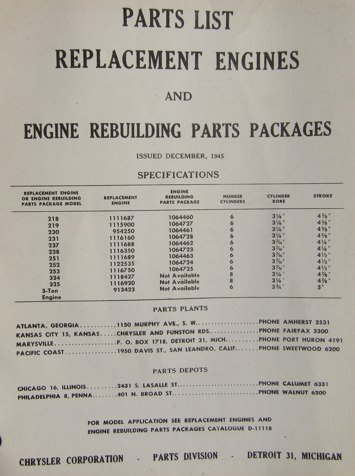 1946 Replacement Engine and Engine Rebuilding Parts Packages Parts List - 2