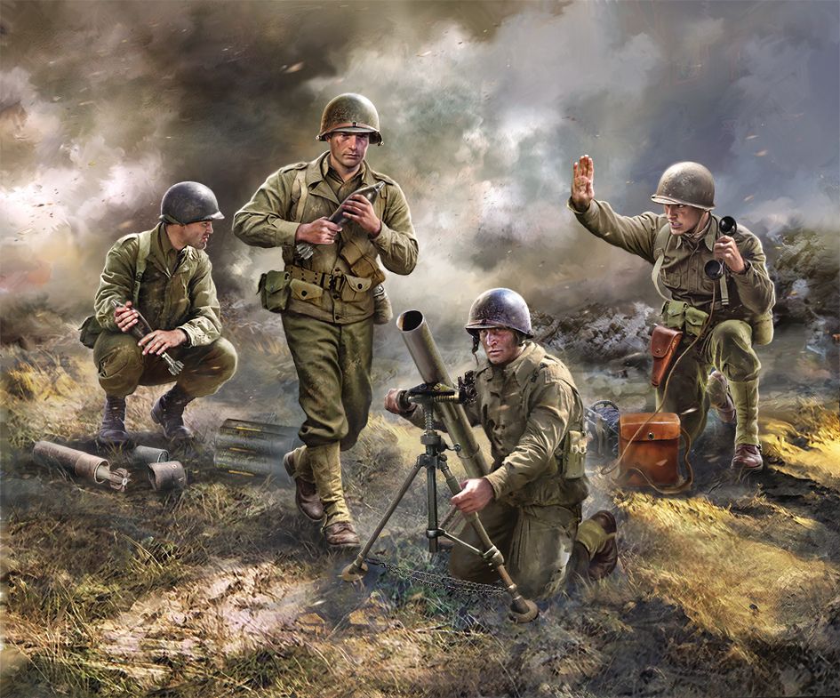 1/72 U S - 81mm Mortar with crew WWII- NO GLUE