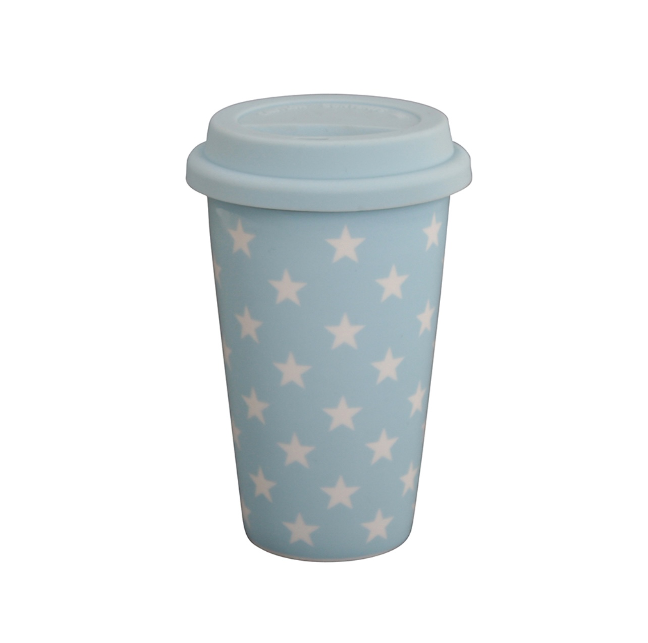 Termisk Take away-mugg i porslin med ett lock av silikon. Ljusblå med vita stjärnor.