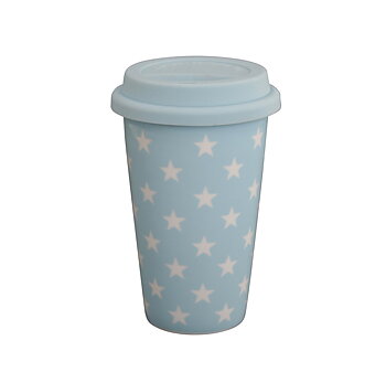 Termisk Take away-mugg i porslin med ett lock av silikon. Ljusblå med vita stjärnor.