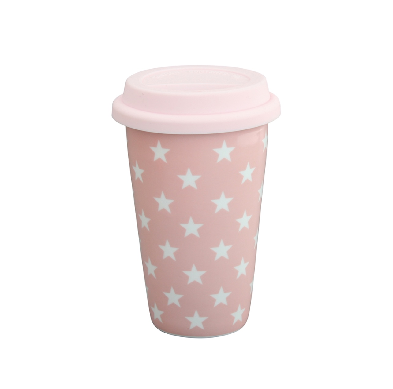 Termisk Take away-mugg i porslin med ett mjukt silikonlock. Rosa med vita stjärnor.