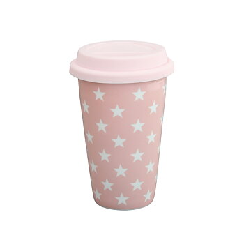 Termisk Take away-mugg i porslin med ett mjukt silikonlock. Rosa med vita stjärnor.