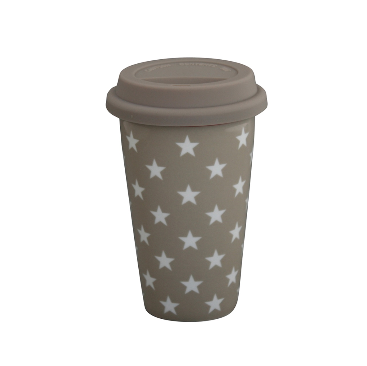 Termisk Take away-mugg i porslin med ett lock av silikon. Beige med vita stjärnor.