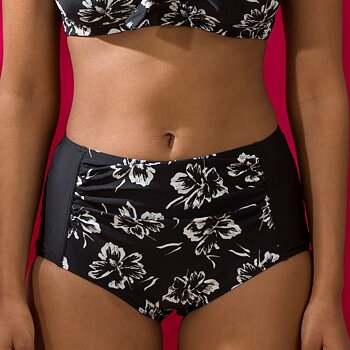 Stylisches schwarzes Bikinihöschen mit schwarz-weißem Blumenmuster auf der Vorderseite