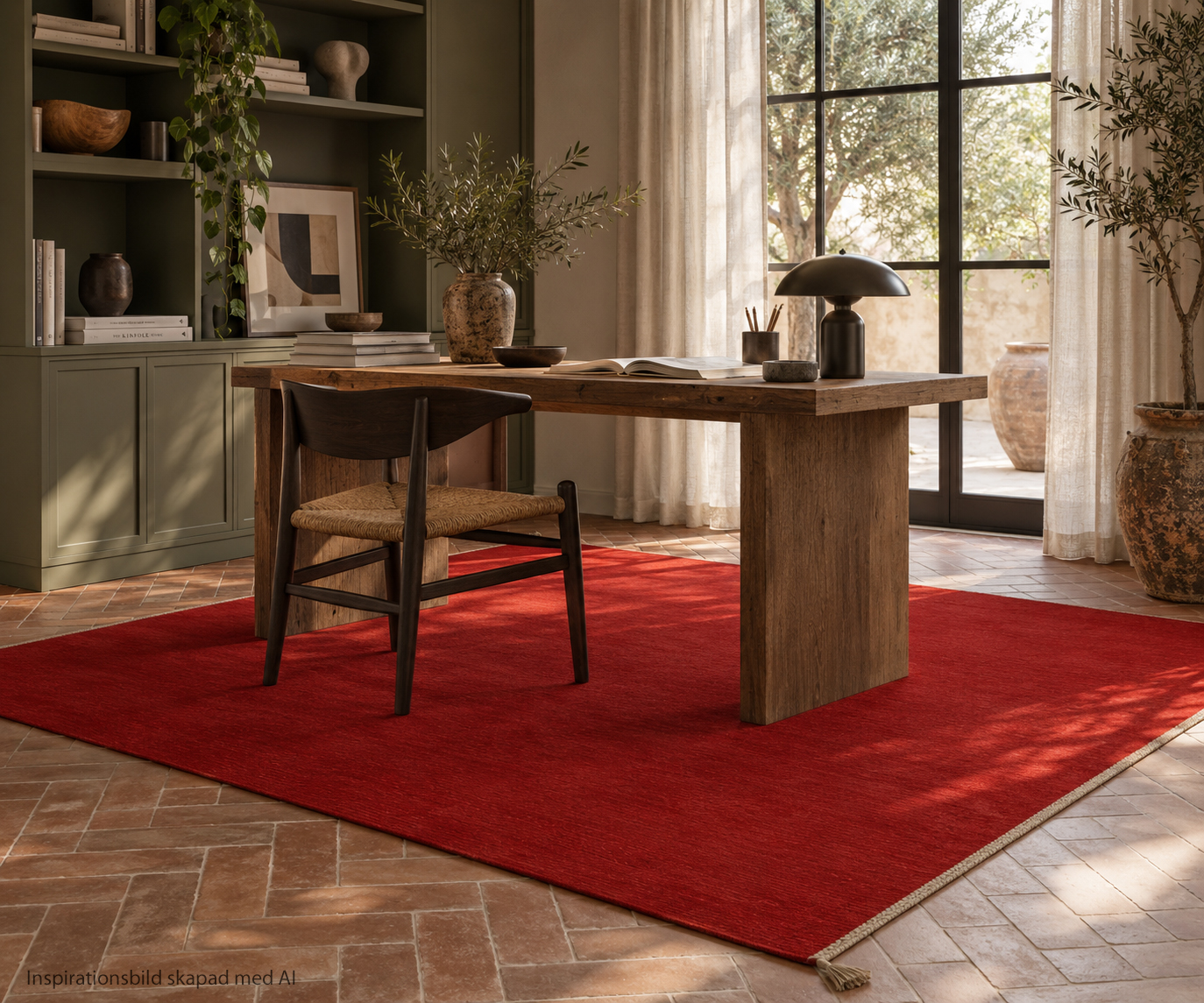Röllakan Sofiero Röd från Axeco på ett kontor med terracotta färgat stengolv och olivgröna väggar
