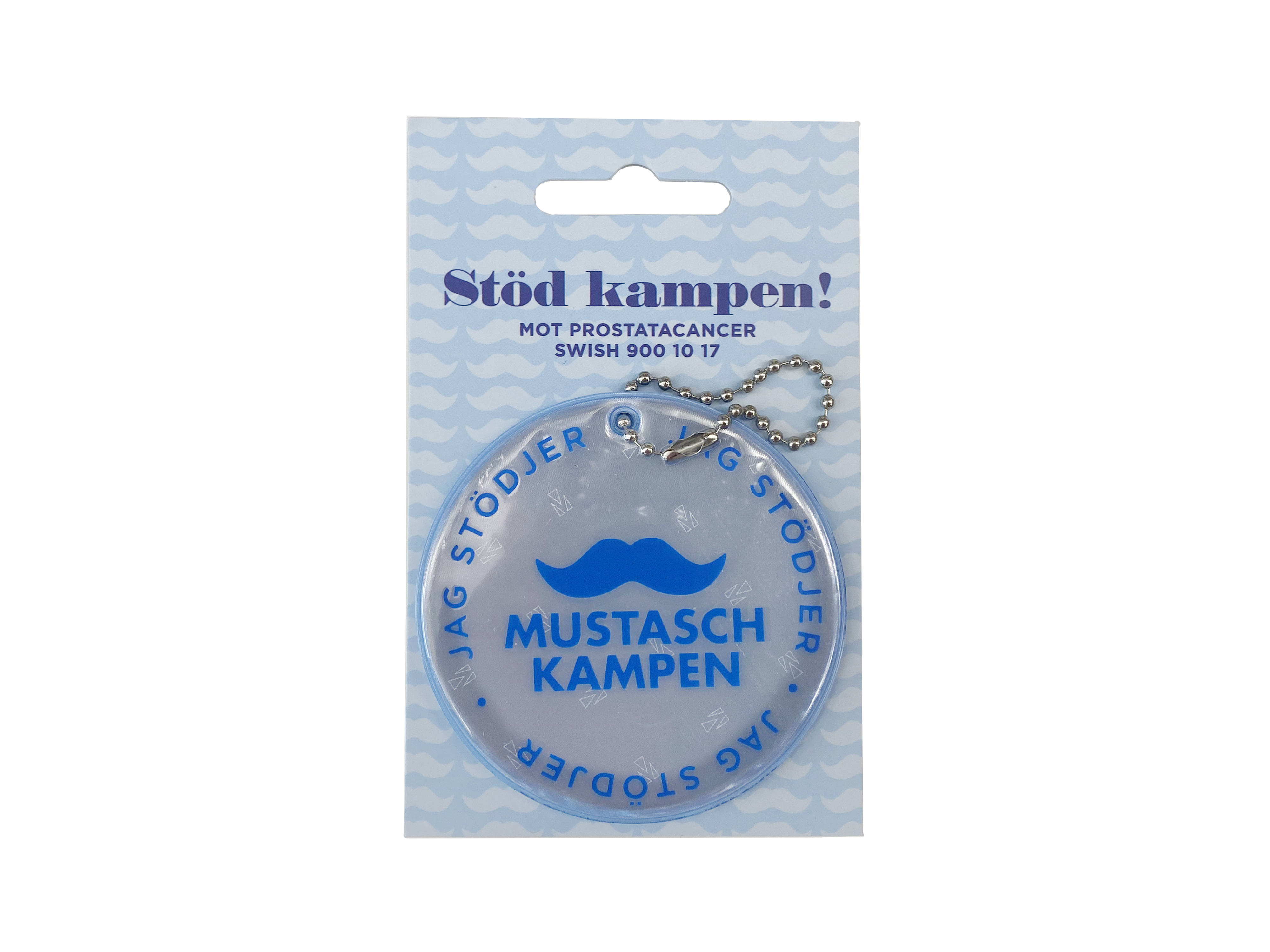 Produktbild på rund reflex med Mustaschkampens logotyp i förpackning