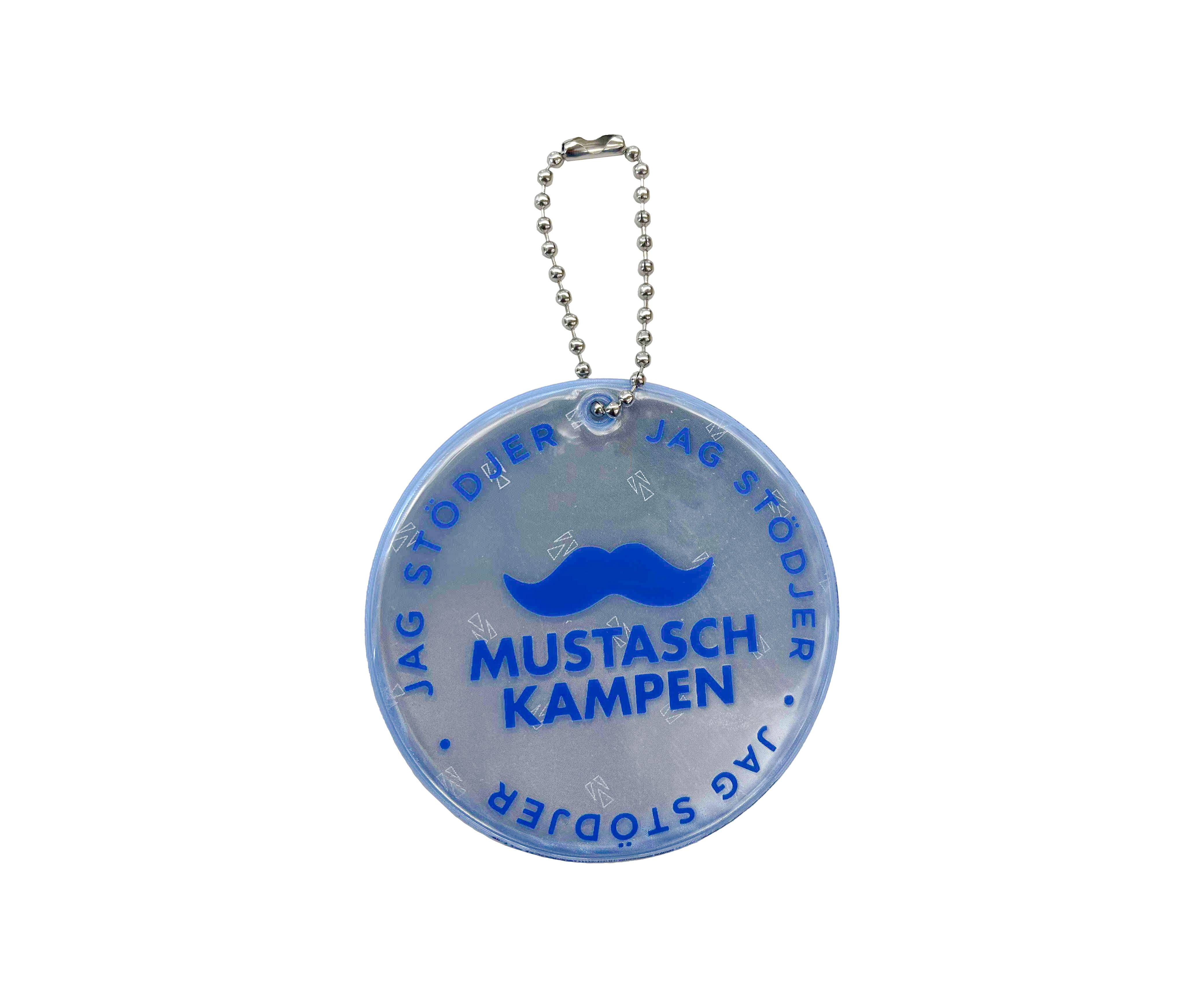 Produktbild på rund reflex med Mustaschkampens logotyp