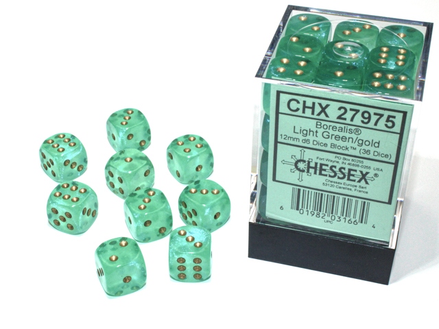Chessex: Borealis Light Green/Gold Luminary 12mm d6 Dice Block (36 dice)