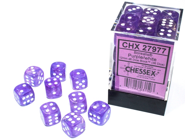 Chessex: Borealis Purple/White Luminary 12mm d6 Dice Block (36 dice)