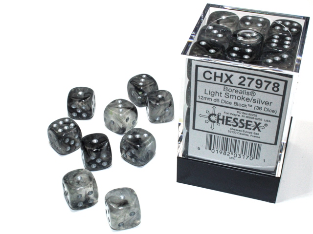 Chessex: Borealis Light Smoke/Silver Luminary 12mm d6 Dice Block (36 dice)