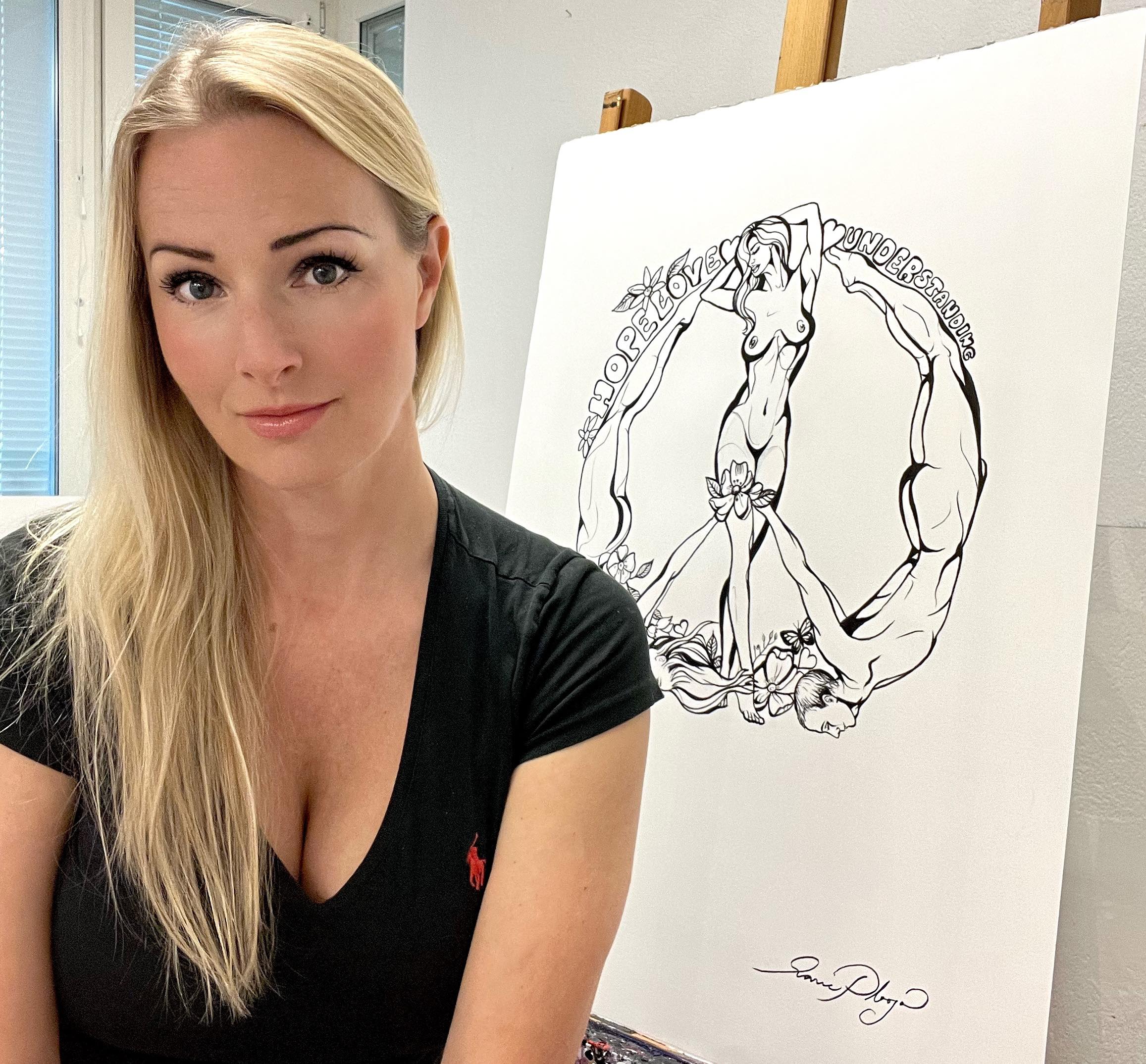 Hope en tavla föreställande människor sammanlänkande som ett fredstecken. Konst av Marie Plosjö. Målad i bläck