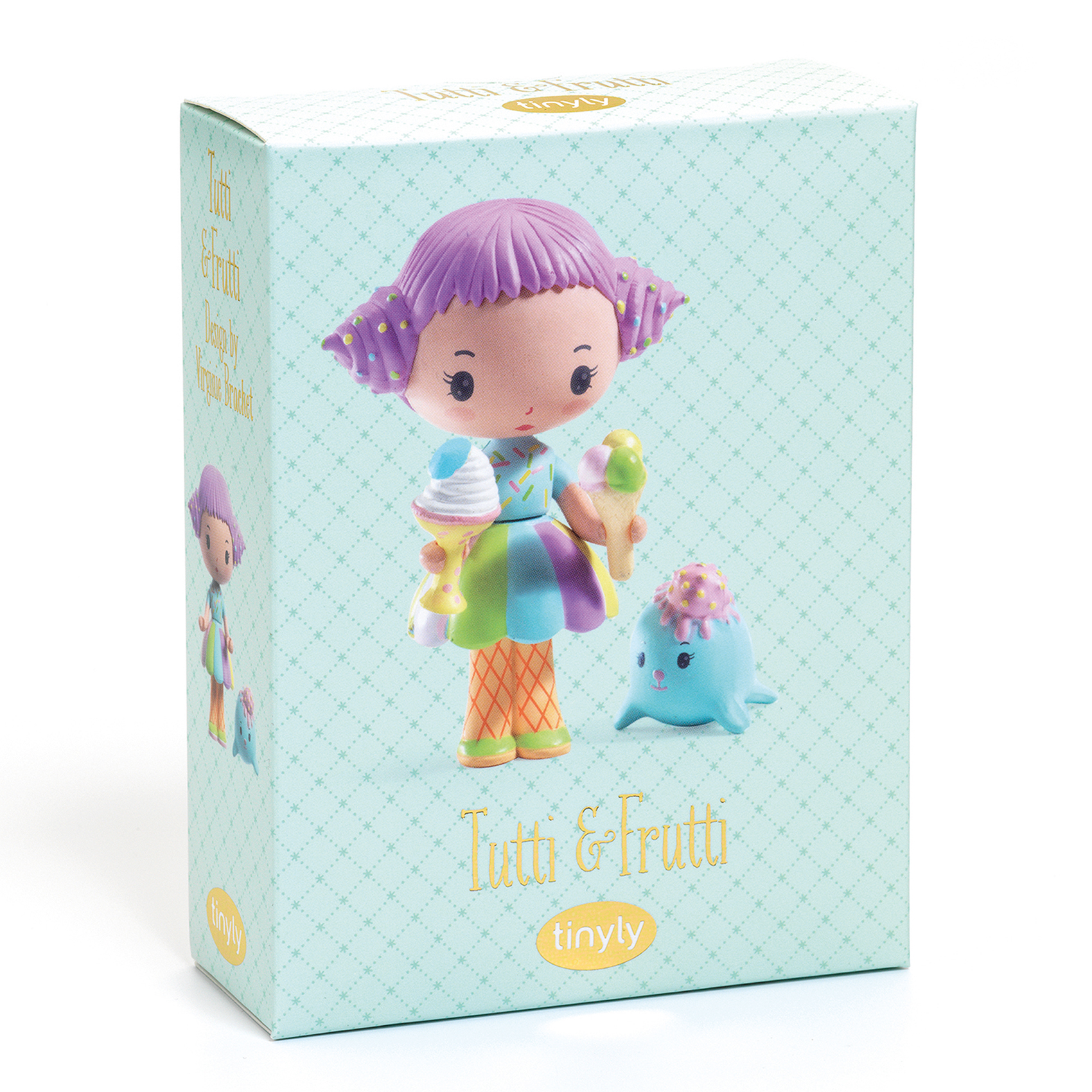Tutti & Frutti Tinyly Djeco i en turkos ask med texten skrivet i guld.
