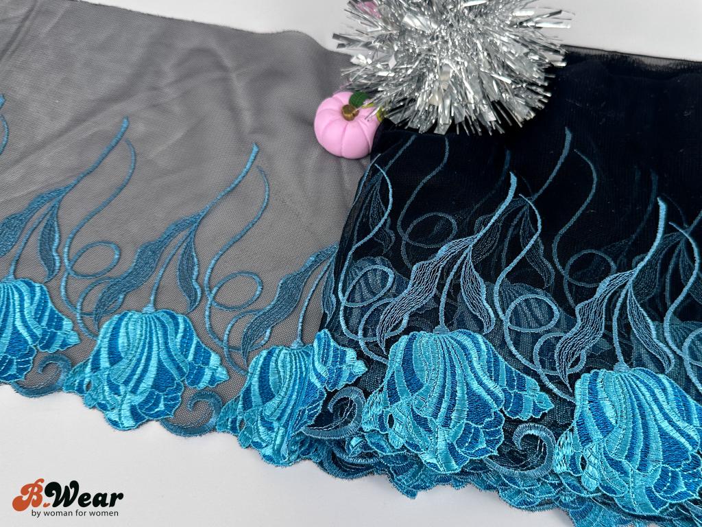 Beautiful black non-stretch lace with turquoise tulips