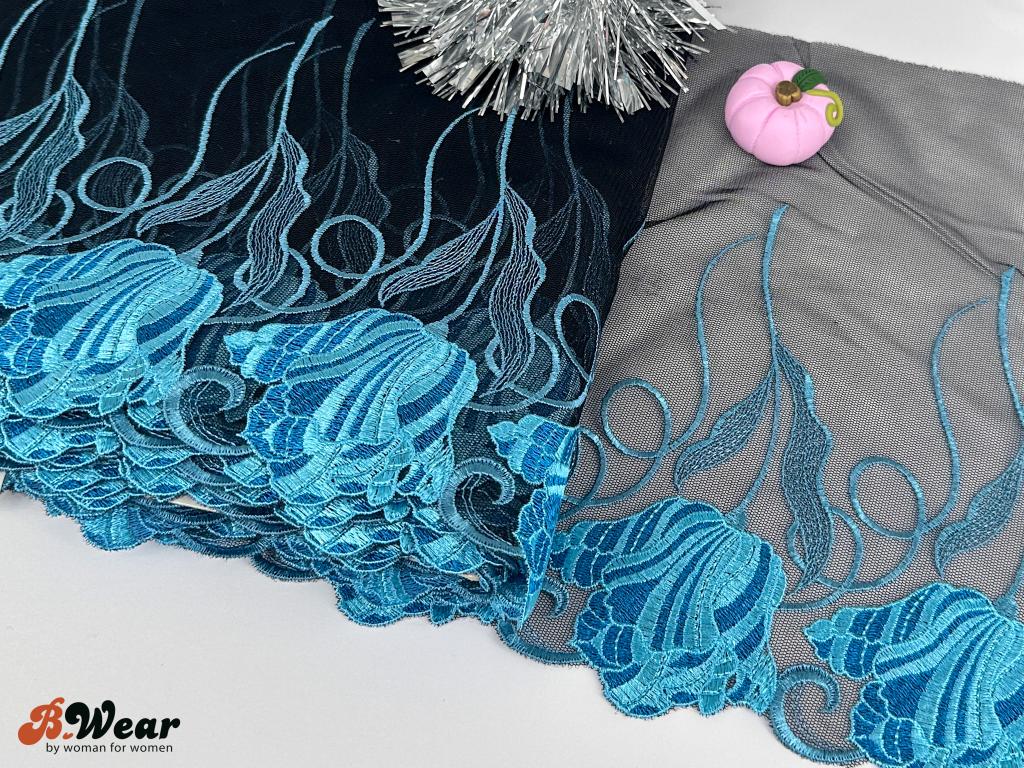 Beautiful black non-stretch lace with turquoise tulips - 2