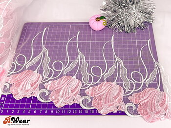 Beautiful white non-stretch lace with pink tulips