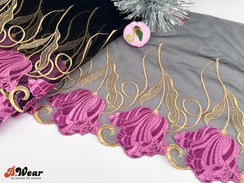 Beautiful black non-stretch lace with fuchsia tulips - 2