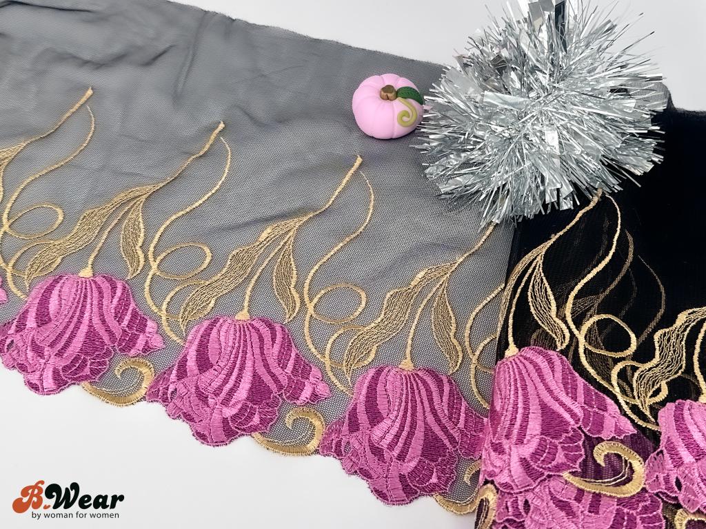 Beautiful black non-stretch lace with fuchsia tulips