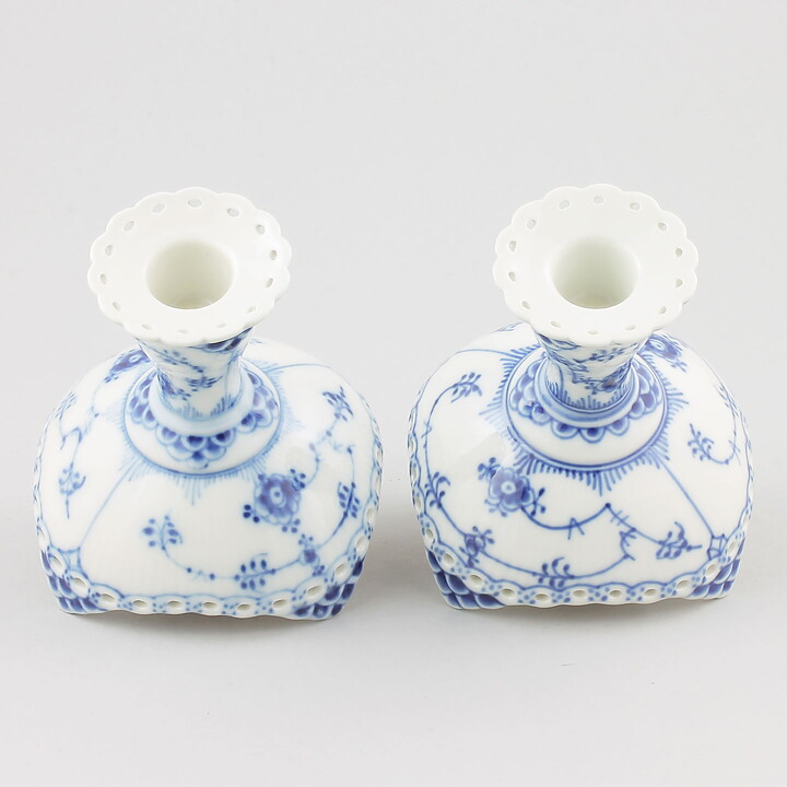 Royal Copenhagen (Blue Fluted 20th Century) Two Full Lace Candleholders 10 cm