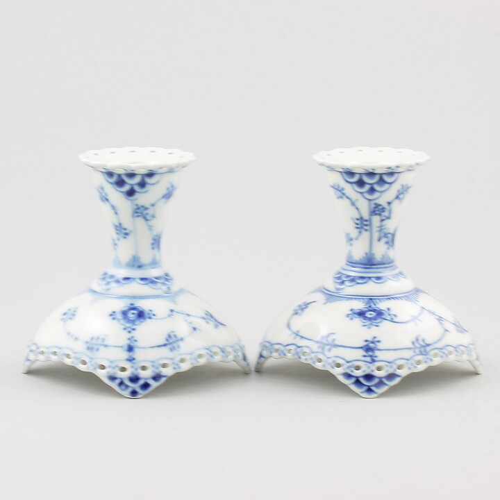 Royal Copenhagen (Blue Fluted 20th Century) Two Full Lace Candleholders 10 cm