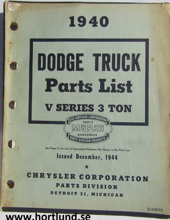 1940 Dodge Truck Parts List V series 3 ton