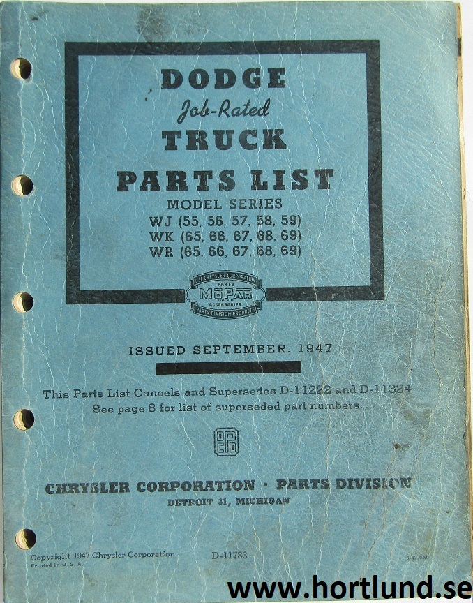 1946 Dodge Truck Parts List WJ 2 1/2 ton & WK & WR 3 ton