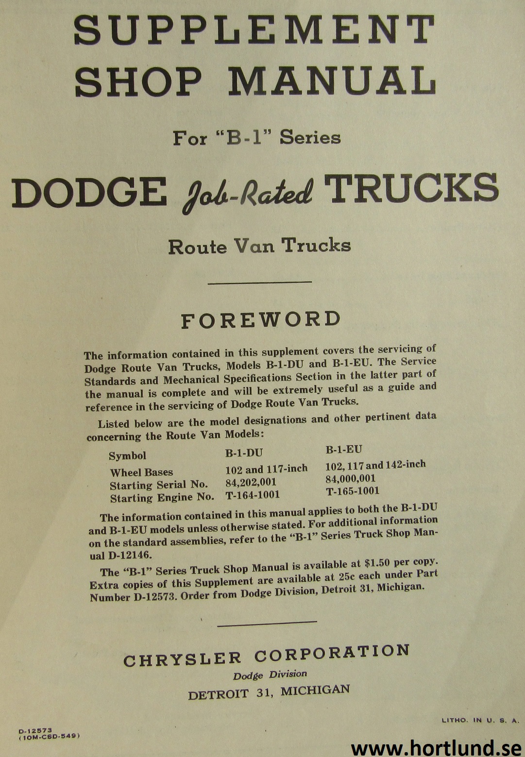 1949-1950 Dodge Truck Route Van B-1-DU and B-1-EU Shop Manual supplement - 2