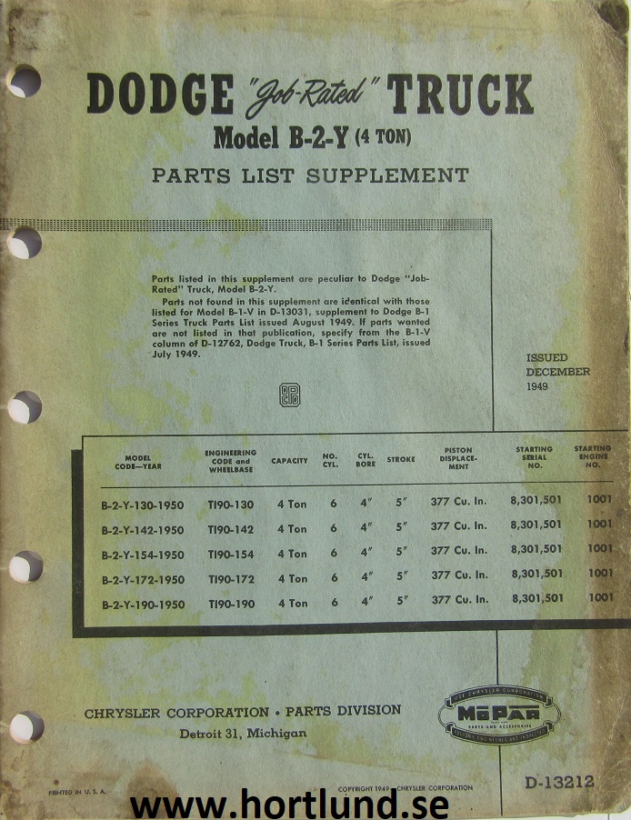 1950 Dodge Truck B-2-Y 4 ton Parts List supplement