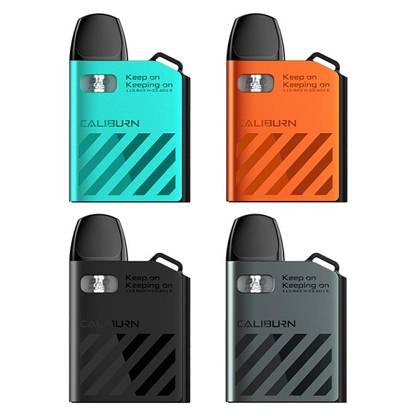 ak2 caliburn vapes i svart,grön,orange och grå färg