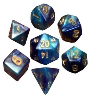 Mini Polyhedral Dice Set DarkBlue Light Blue with Gold Numbers