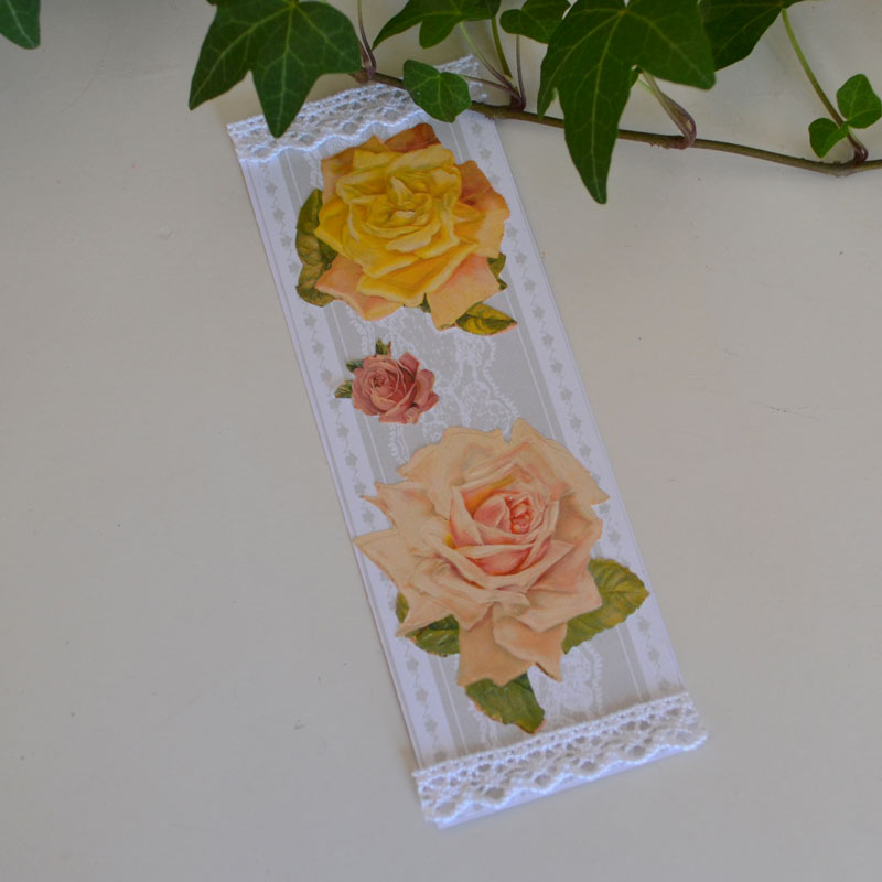 Bokmärke - gul och rosa ros