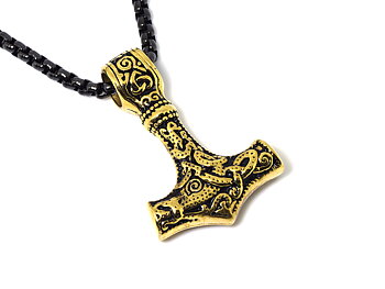 Guld Torshammare Halsband i Rostfritt Stål, Gyllene Mjölner Hänge, Viking Smycke