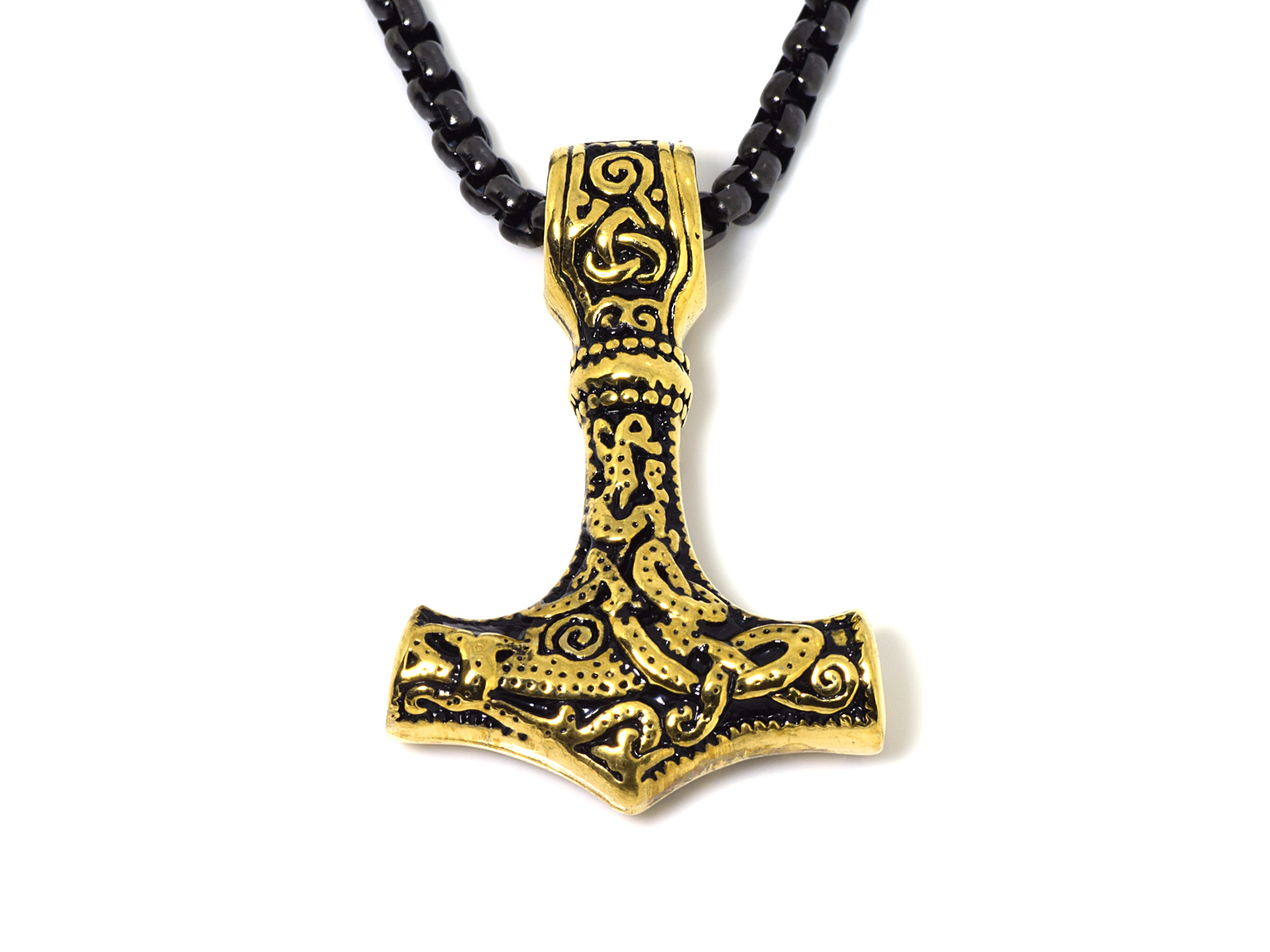 Guld Torshammare Halsband i Rostfritt Stål, Gyllene Mjölner Hänge, Viking Smycke - 2