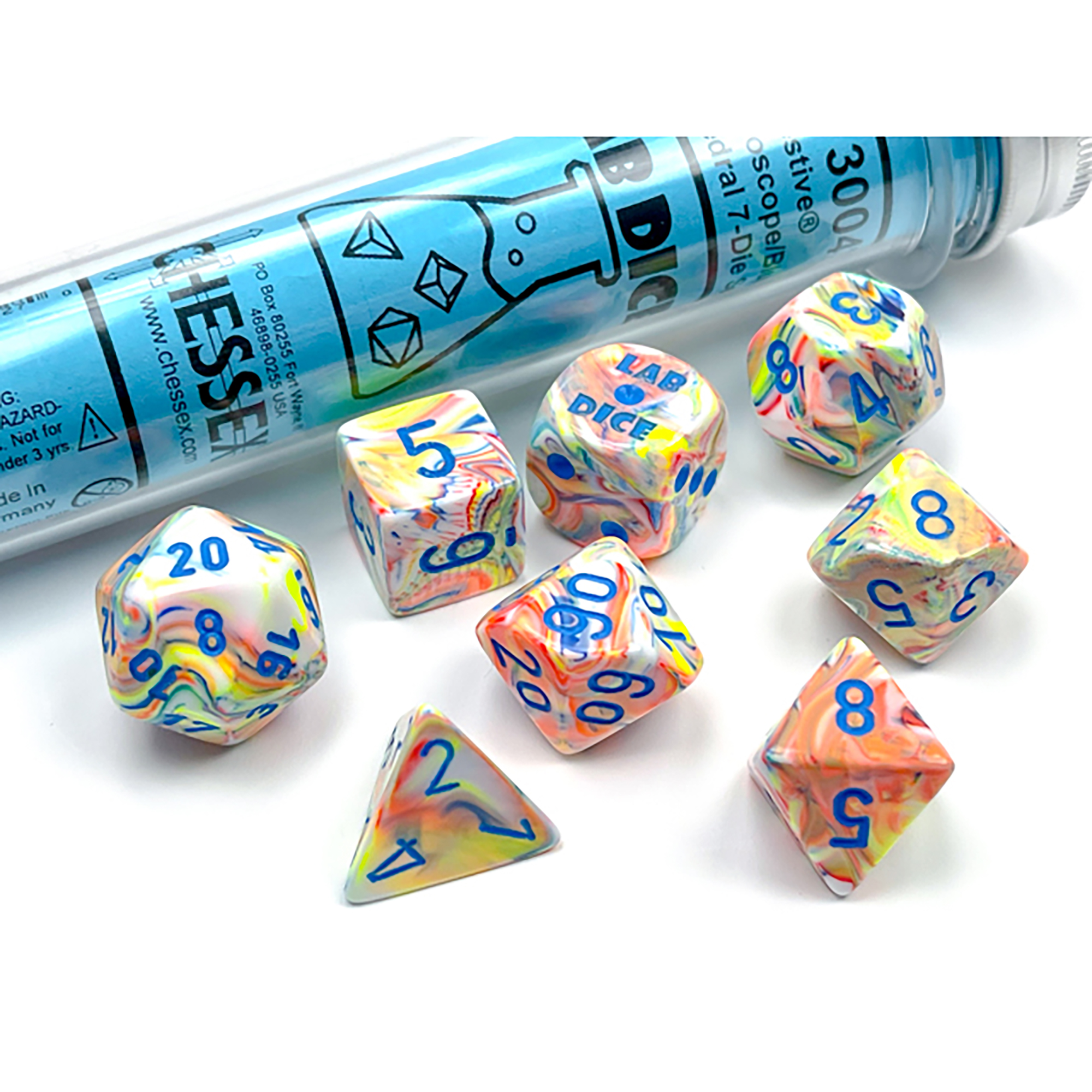 Lab Dice 5 - Festive Polyhedral Kaleidoscope/blue