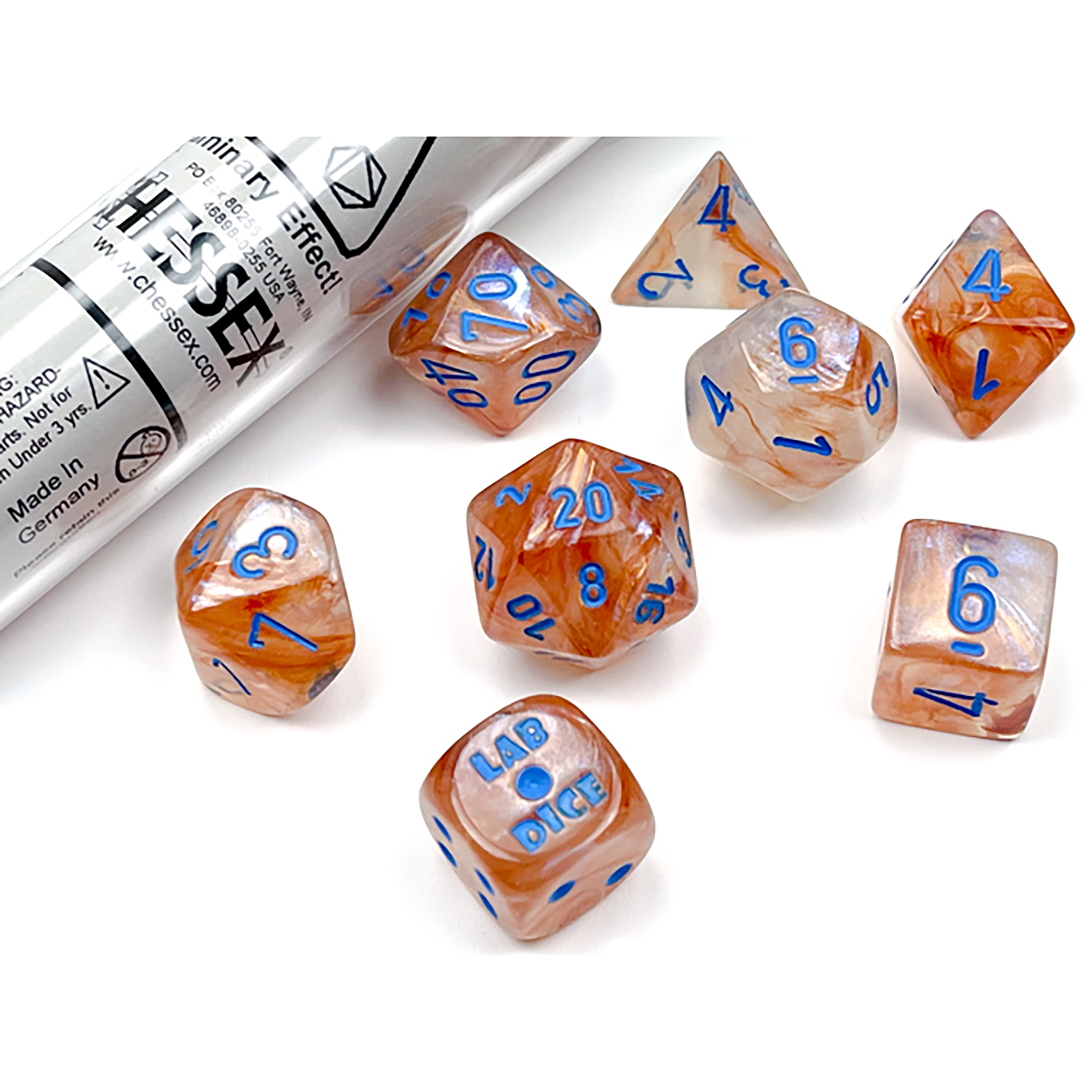 Lab Dice 5 - Borealis Polyhedral Rose Gold/light blue LuminaryTM