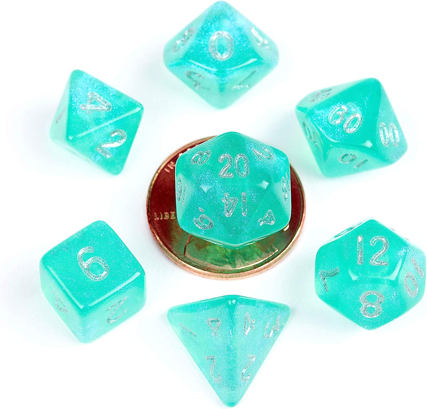 10mm Mini Polyhedral Dice set: Stardust Turquoise
