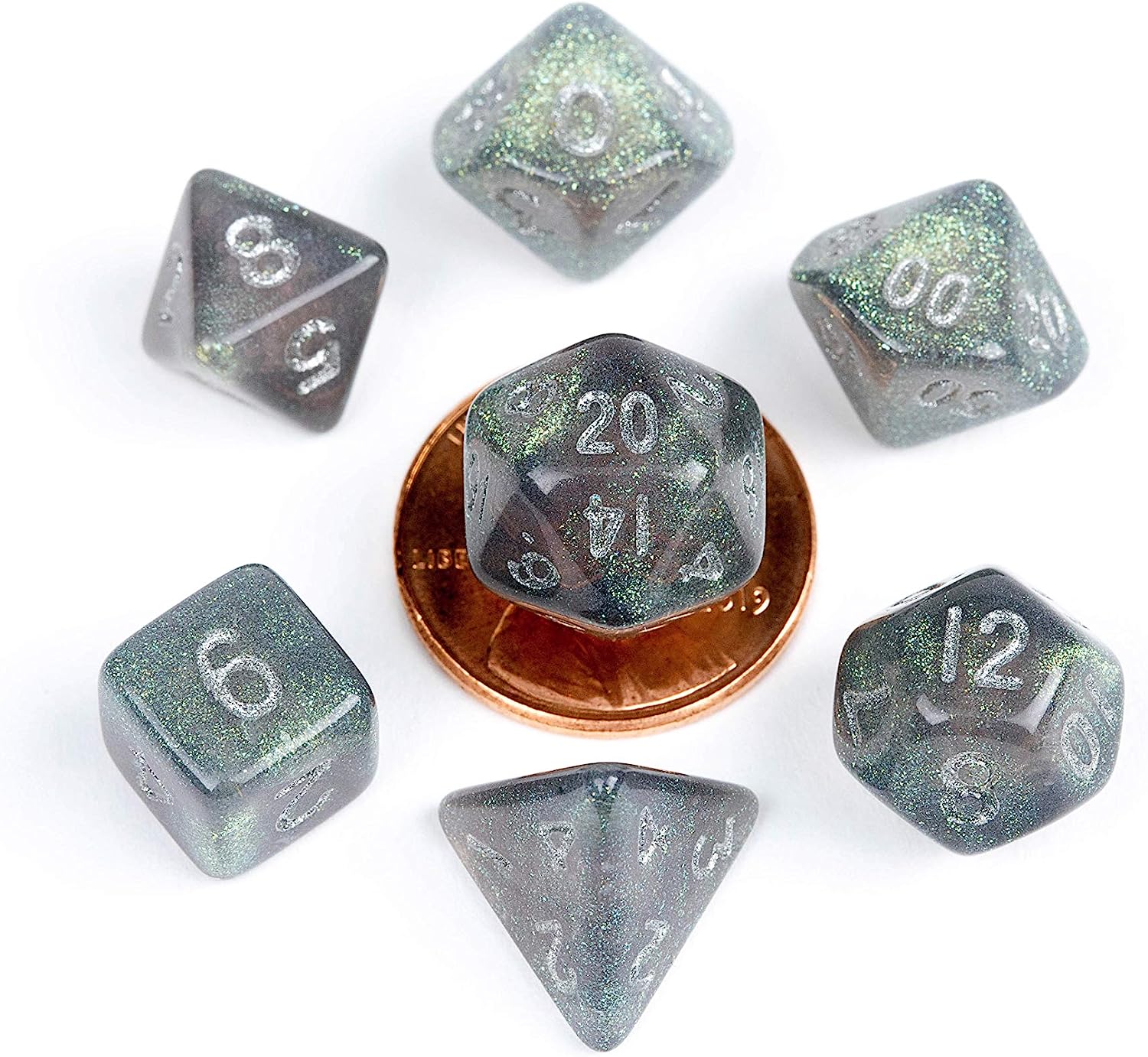10mm Mini Polyhedral Dice set: Stardust Gray w/ Silver Numbers