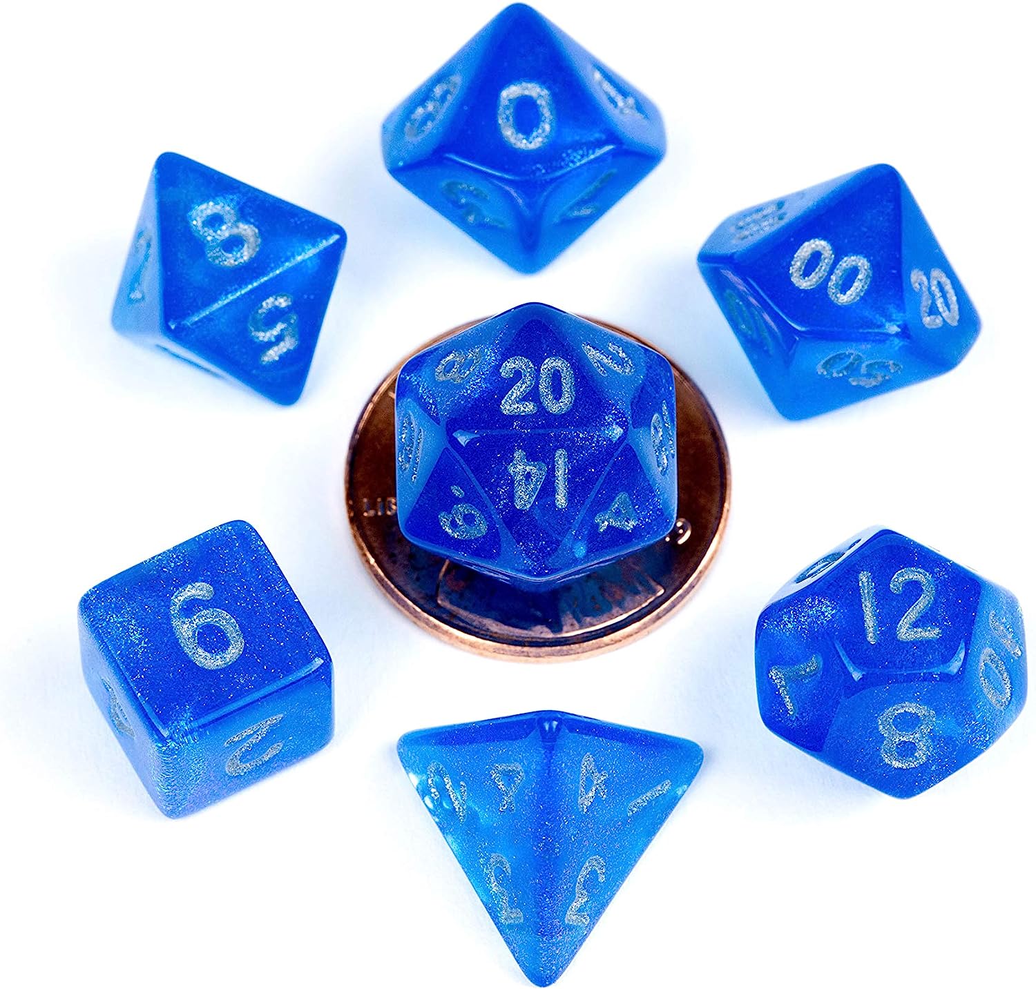 10mm Mini Polyhedral Dice set: Stardust Blue w/ Silver Numbers