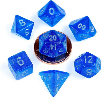 10mm Mini Polyhedral Dice set: Stardust Blue w/ Silver Numbers