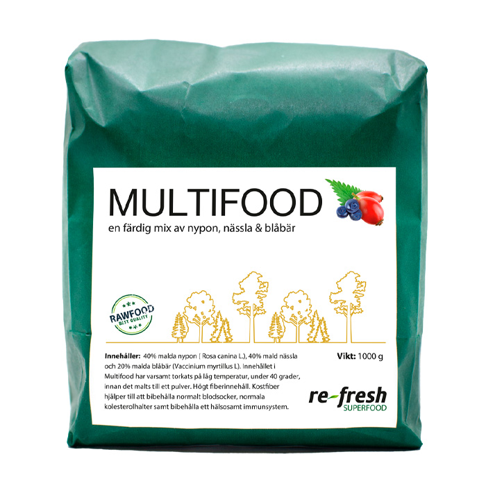 En grön ganska fyrkantig påse som det står Multifood på