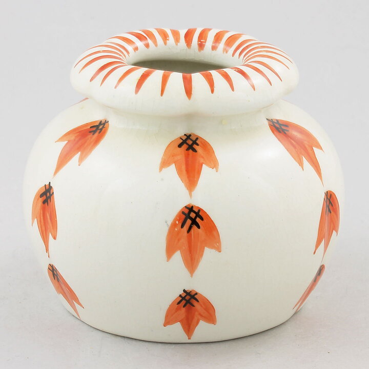 Wilhelm Kåge (1920s) White Swelling Vase with Red Flower Decor 9 cm 