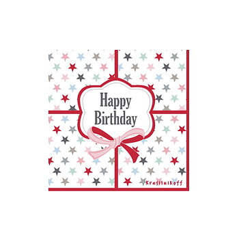 Fina papperservetter av premium kvalitet. Multifärgade stjärnor och med texten Happy Birthday.  Från Krasilnikoff  