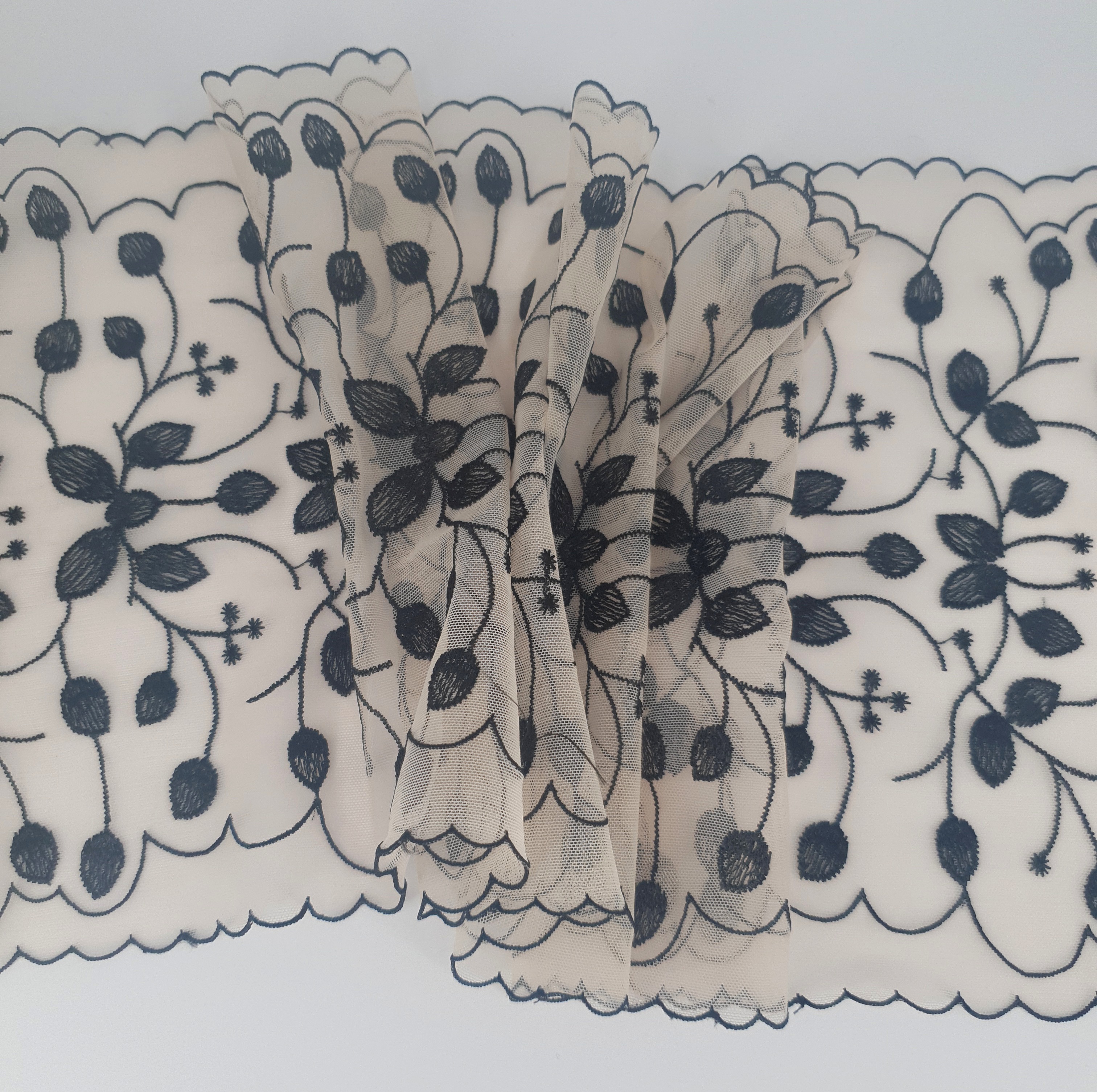 Light beige mesh lace with black trim & edges - 21 cm - 2