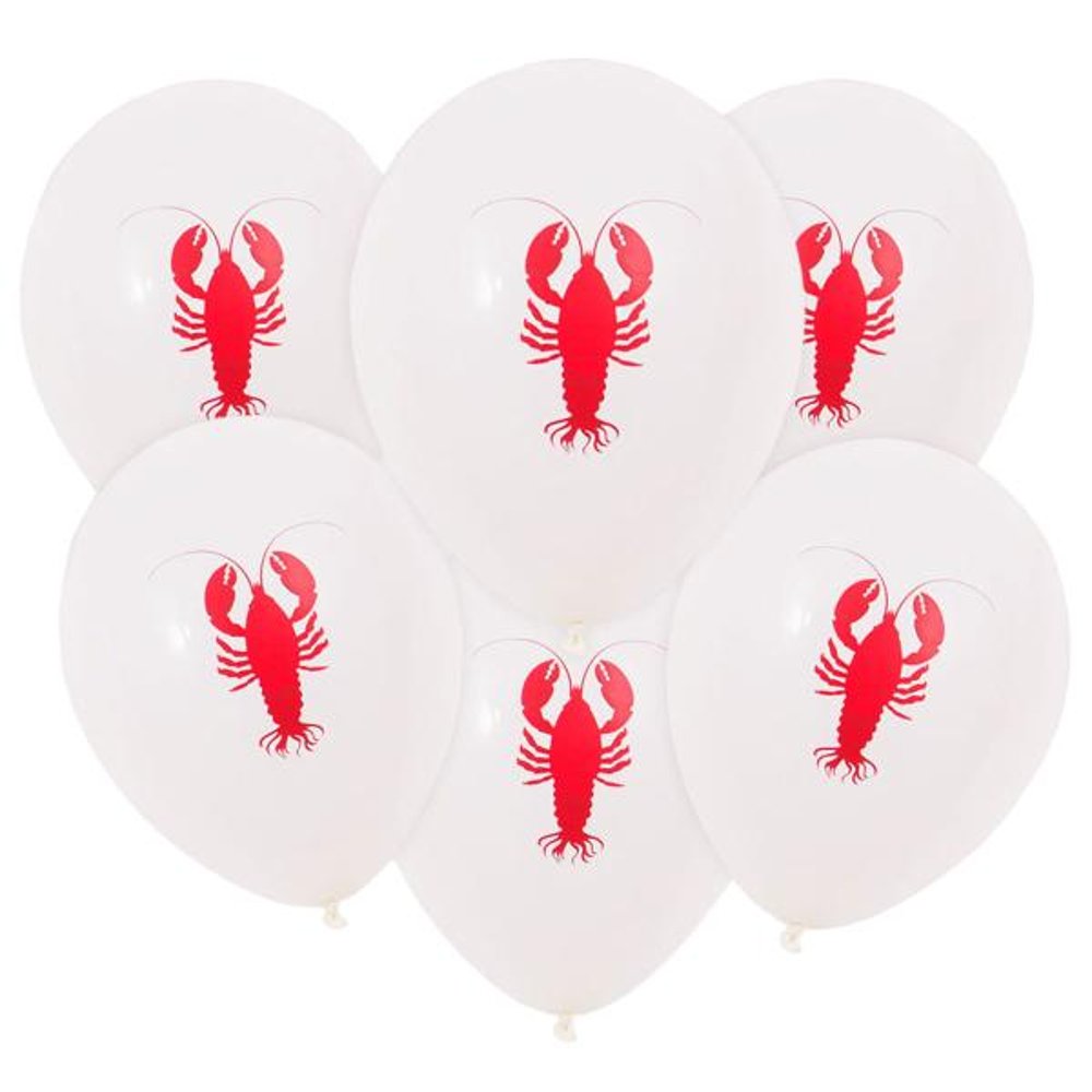 Vita latexballonger med rött kräftmotiv till kräftskiva och kräftfest