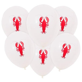 Vita latexballonger med rött kräftmotiv till kräftskiva och kräftfest