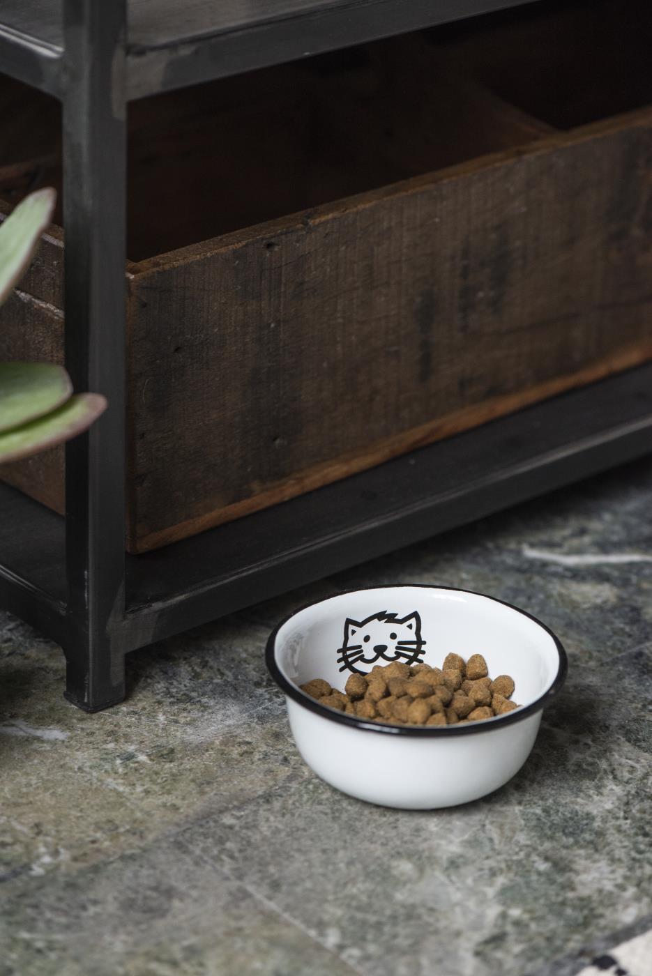 Matskål i vit emalj - katt