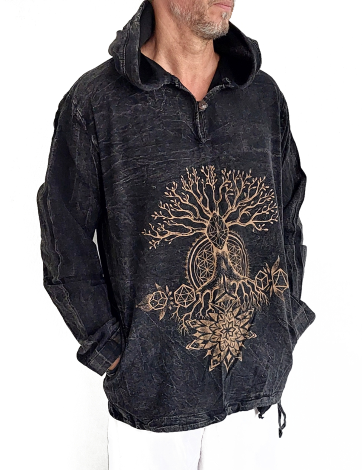 Långärmad Hoodie Anorak med Kosmiska Geometri och Livets Träd - 4