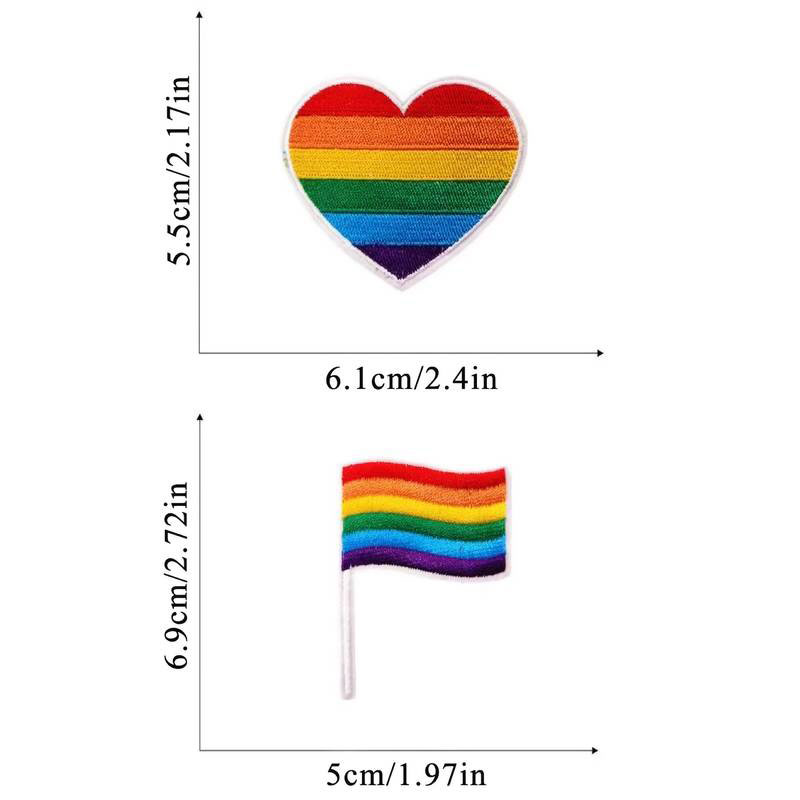 mått för två av pride-tygmärkena i setet